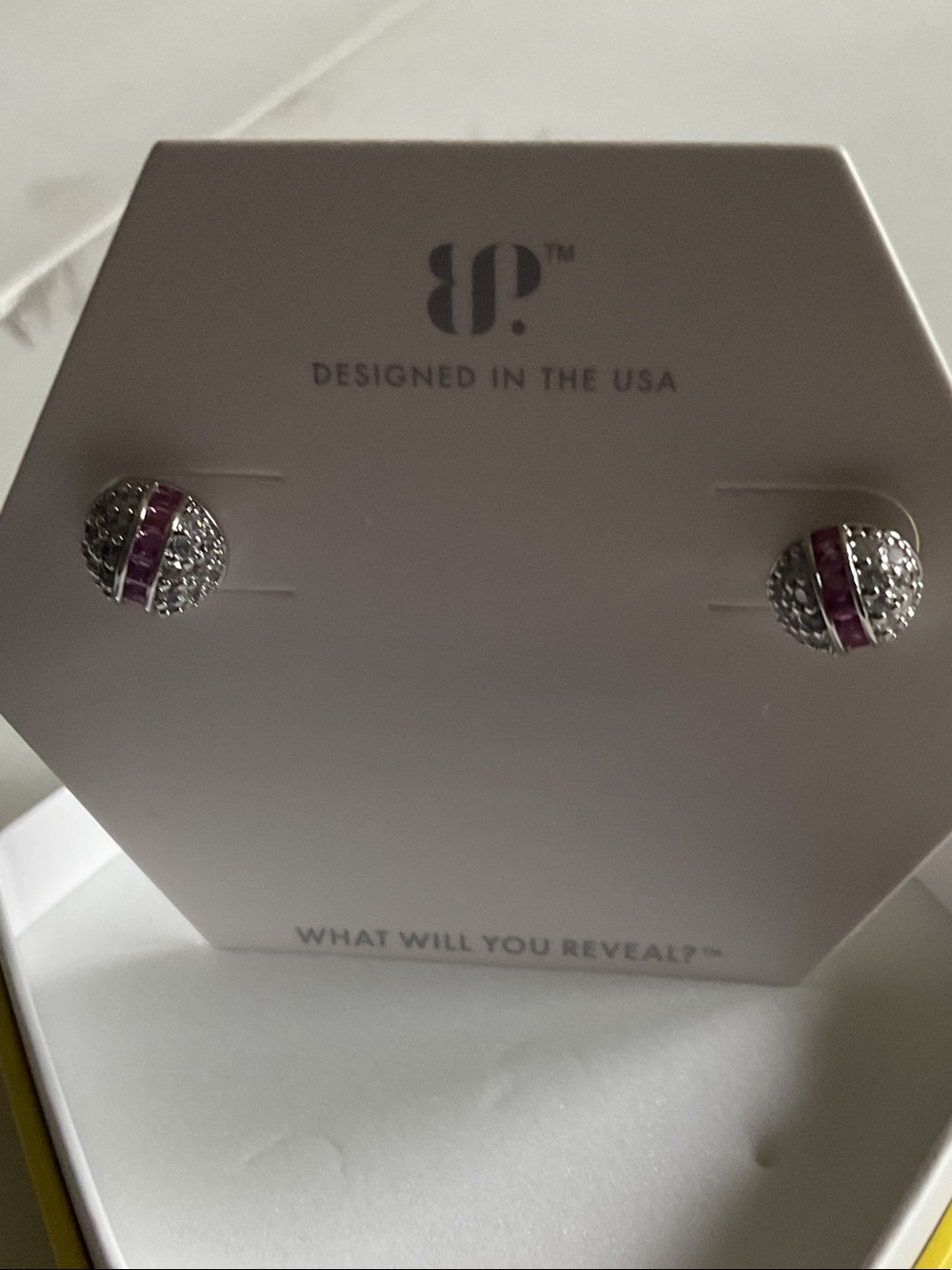 bp Silver-Tone Dome Stud Earrings with Pink Accent
